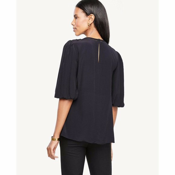 Ann Taylor Lattice Cutout Lacy Puff Sleeve Blouse - Picture 3 of 7